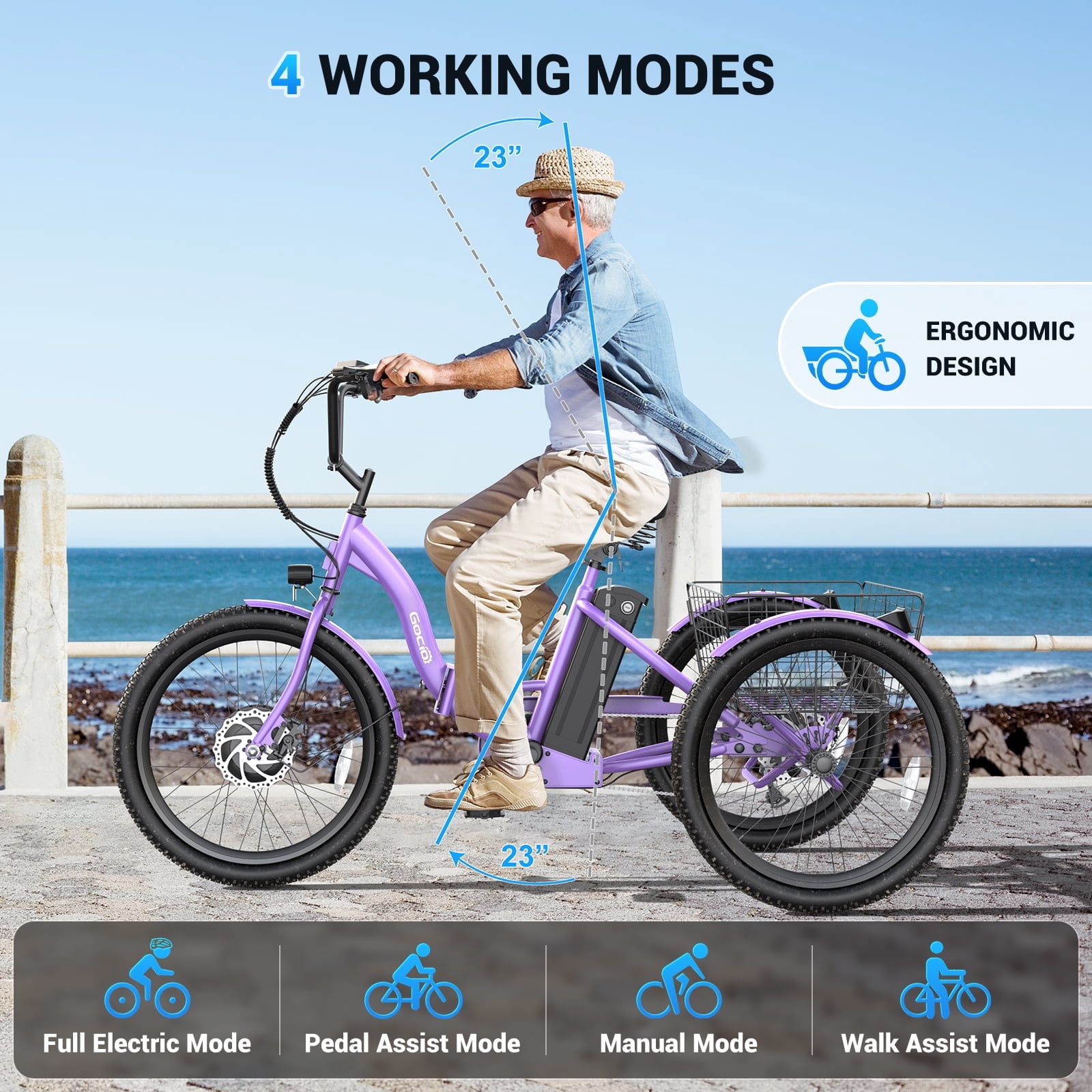 Gocio Electric Tricycle for Adults, Peak 500W Motor E-Trike 48V 10.4AH UL2849 Battery, Cargo Motorized Tricycle,7 Gears 3-Wheel Electric Bike for Adults