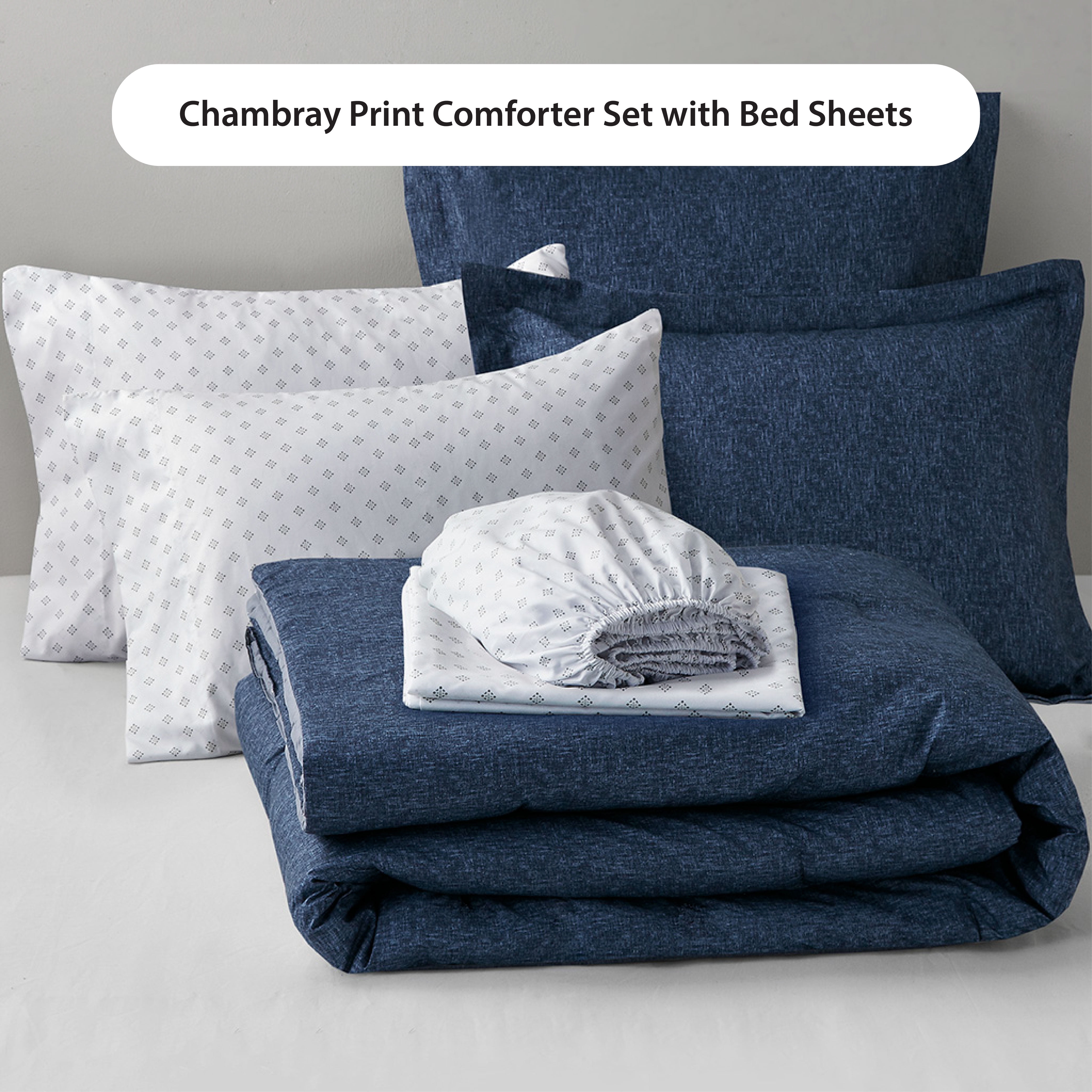 Regency Heights King Size Comforter Set, 7-Piece Reversible Bed in a Bag with Sheets, Navy