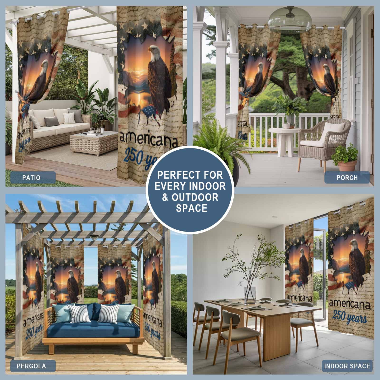 Independence Day Outdoor Curtains for Patio, Retro American Flag Eagle Sunset 250 Year Sunshade Privacy Drapes Grommet Waterproof Outside Curtains for Porch/Cabana/Balcony 54"x 108", 1 Panel