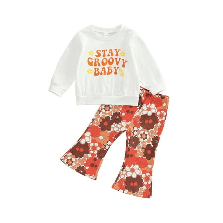

Calsunbaby 2Pcs Toddler Baby Girls Pants Sets Letter Printed Long Sleeve Round Neck Tops + Floral Flared Long Pants White 18-24 Months