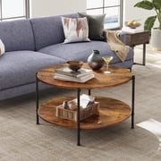 GALAXHERO Round Small Coffee Table 32.6 with Open Storage Shelf 2-Tier Industrial Circle Wood Center Table for Living Room Bedroom Rustic Brown