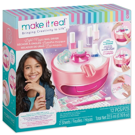 Make It Real: Light Magic Nail Dryer - Complete Nail Art Boutique, 12 Piece Set, At Home Manicure & Pedicure, Tweens & Girls, Dries Your Manicure In A Breeze, All-In-One Nail Kit, Kids Ages 8 