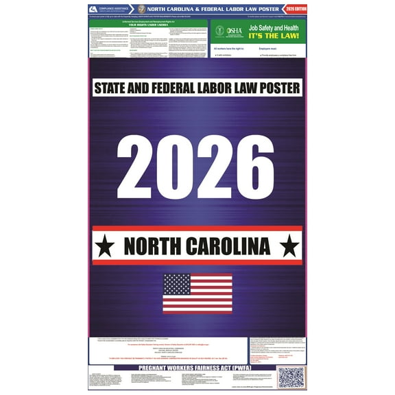North Carolina (NC) 2026 State Labor Law Poster - State, Federal and OSHA Compliant Laminated Poster - Perfect for the Workplace Posting - Clear and Easy-to-Read Format - 20 Inch by 36 Inch - English