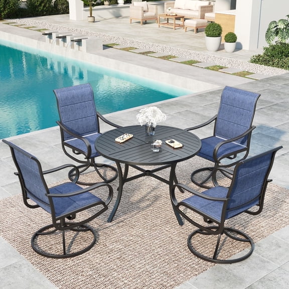 MF Studio 5-Piece Patio Dining Set with High-Back Swivel Chairs & Round Table for 4-Person, Padded Textilene Seat, Black & Blue