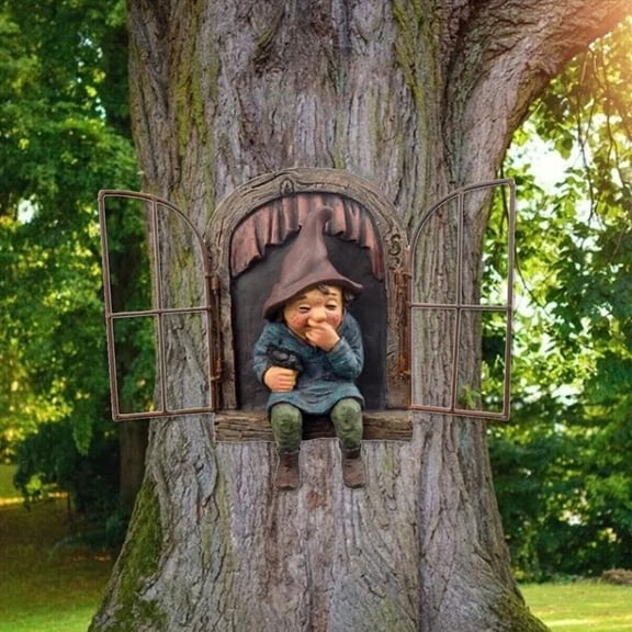 Tree Window Gnome Garden Statue, Resin Elf Decor with Rustic Window Frame, Whimsical Outdoor Tree Trunk Decoration for Garden, Yard and Patio