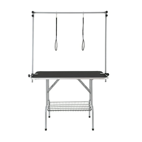 KFFKFF Pet Grooming Table with Dual Arms and Clamp, 46'' Foldable Grooming Station for Small to Medium Dogs, Includes No Sit Haunch Holder and Grooming Loop, Supports Up to 330 lbs