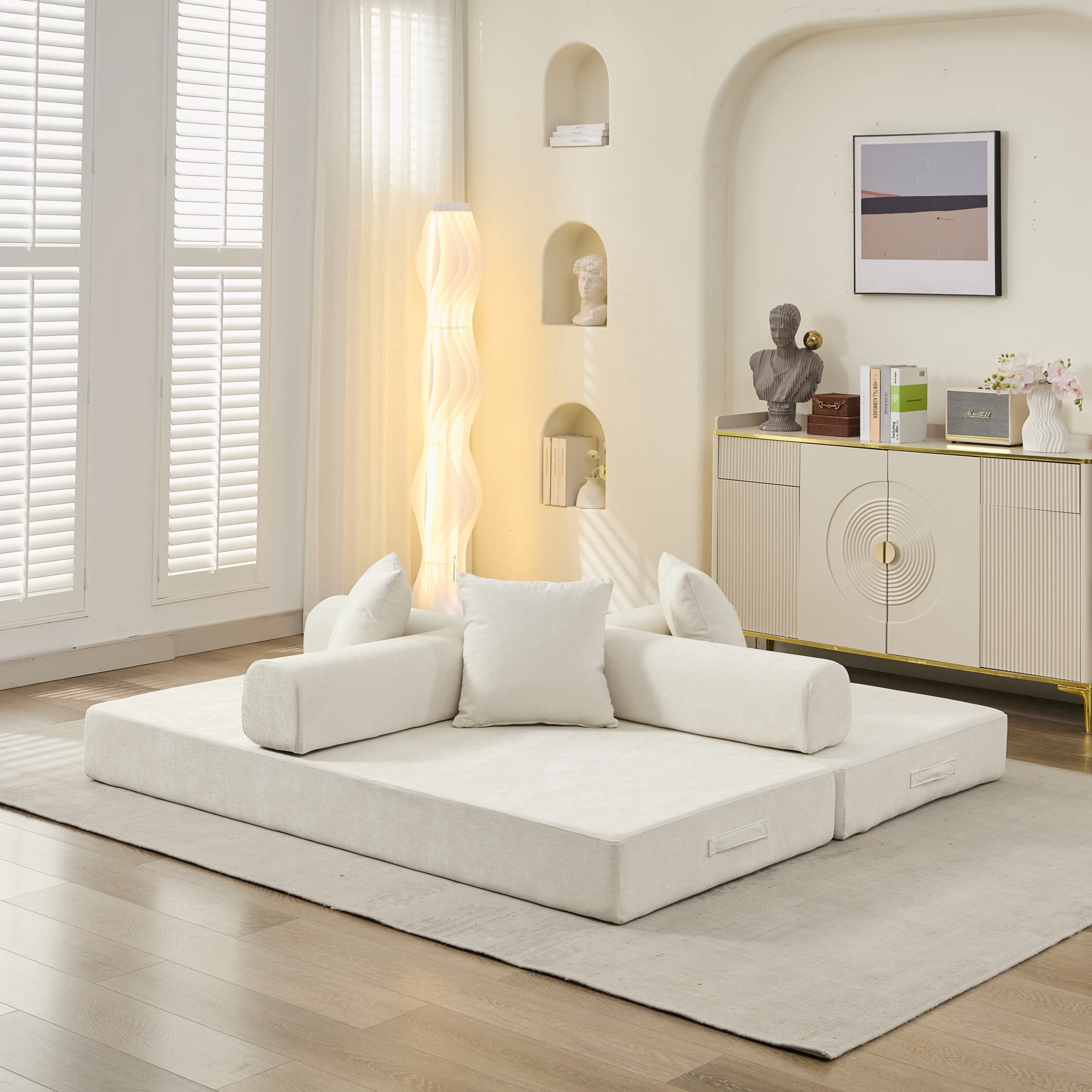 Aukfa Convertible Sleeper Sofa Bed King Floor Futon Couch for Living Room Bedroom, Chenille, Beige