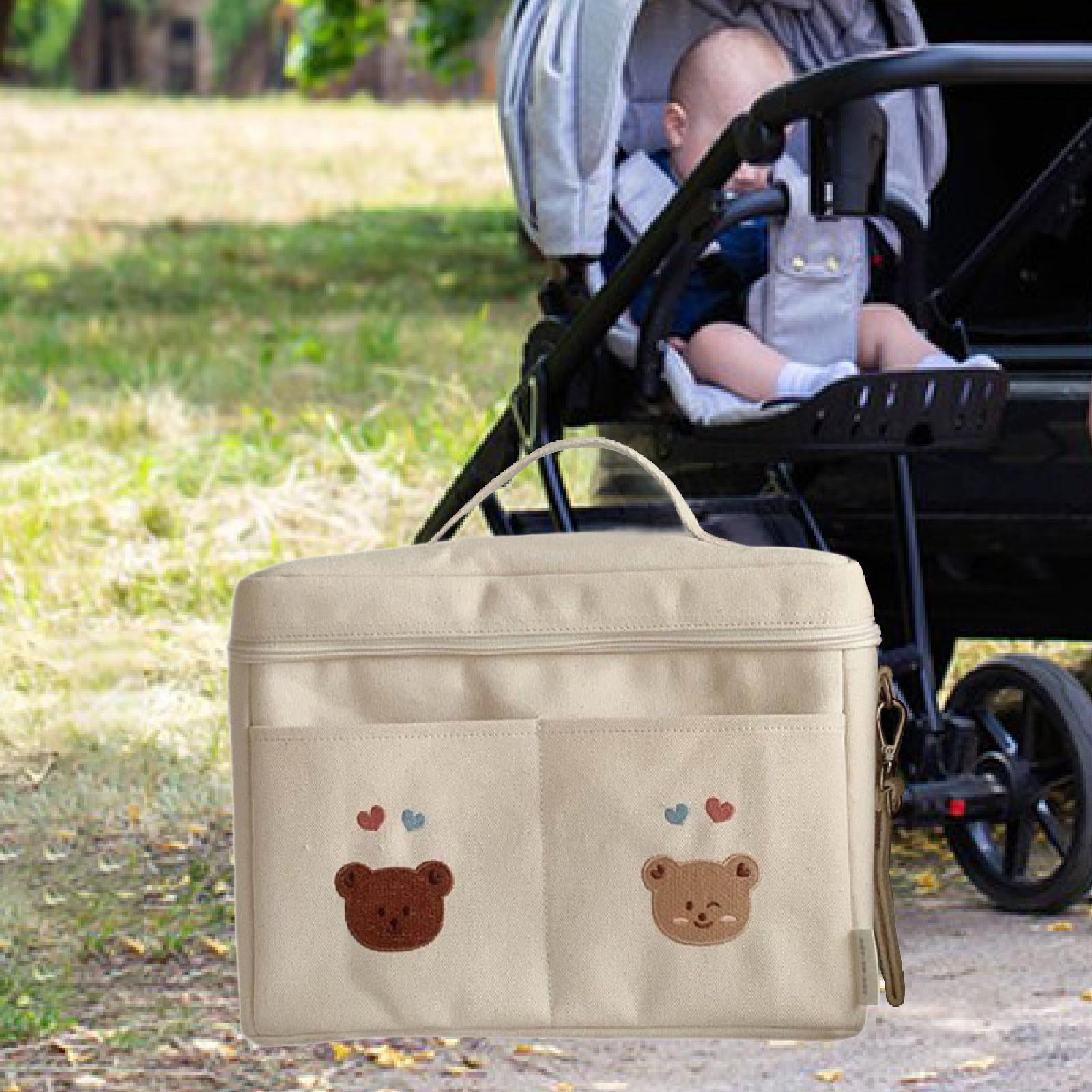 LeeQinersw Baby Diaper Bag Canvas Lightweight Portable Diaper Organizer Pouch Baby Stroller Two Bear White
