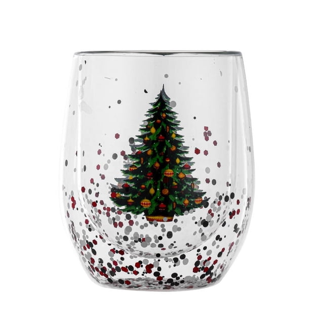 Taza de Navidad de cristal de lentejuelas de doble flujo resistente al calor de Navidad de 300ml taza de leche de árbol de Navidad de copo de nieve de dibujos animados encantadores Sincero Electrónica
