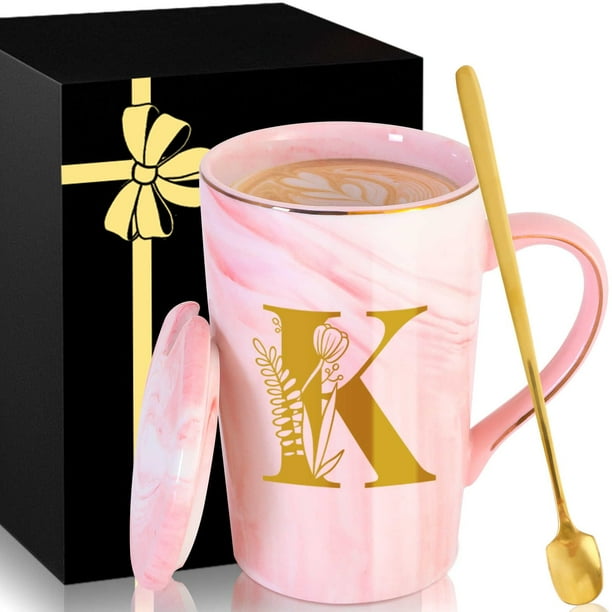 Taza de café de cerámica MNZZ de mármol rosa con tapa y dorado