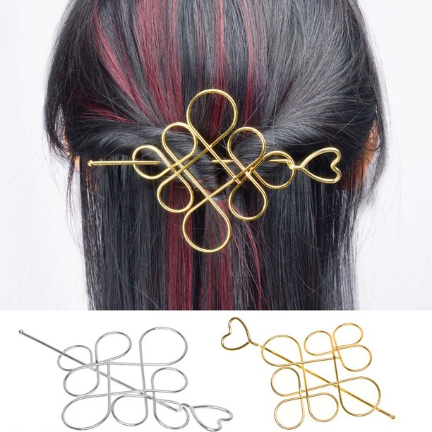 Alfiler de pelo de nudo chino Palo de pelo de metal hueco de 6 pulgadas Accesorio de pelo oriental tradicional flexible Martillado pulido de aleación brillante Diseño plano Tenedor decorativo para