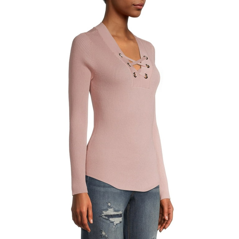 No Boundaries Juniors Ribbed Lace Up Long Sleeve Sweater Walmart