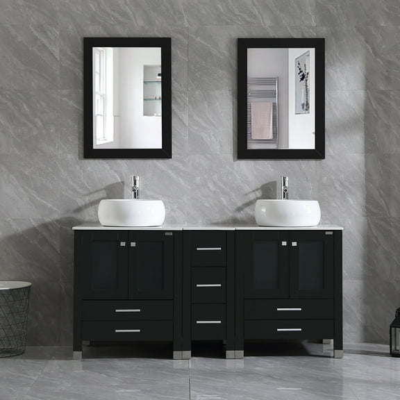 Wonline 60" Homes & Bathroom 60inch Modern Wood Cabinet with Marble Pattern Countertop Vanity Double Sinks and Mirror, Black