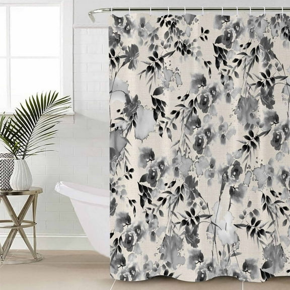 Black Grey Spring Floral Waterproof Fabric Shower Curtain,Summer Botanical Watercolor Rustic Shower Curtain for Bathroom Curtains Bathtubs Hotel Washable Shower Curtains with 12 Hooks Standard 72x72