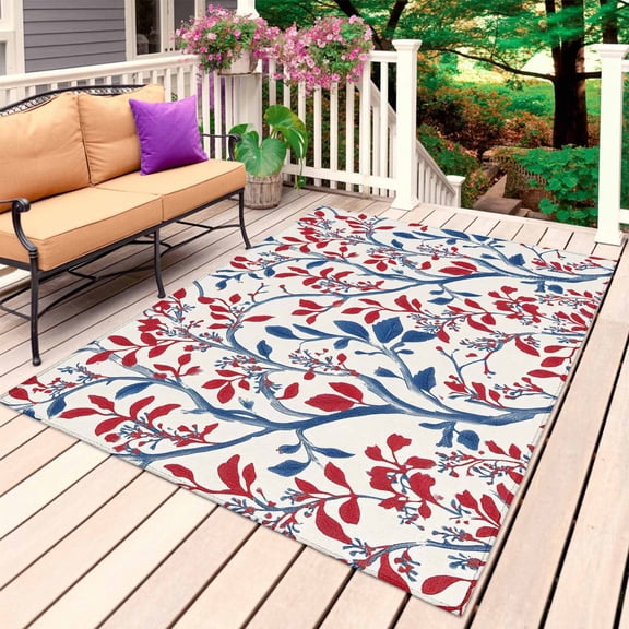 Red Blue Leaf Outdoor Rug for Patio/Deck/Porch, Non-Slip Large Area Rug 5 x 7 Ft, Summer Vintage Botanical Branch Indoor Outdoor Rugs Washable Area Rugs, Reversible Camping Rug Carpet Runner