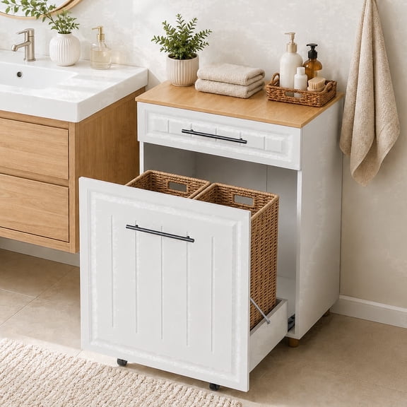 Pull Out Trash Can Cabinet, 2x10 Gallon Pet Proof Hidden Garbage Recycling Bin with Drawer, Freestanding Wooden Garbage Recycling & Laundry Hamper. Farmhouse Waste Bin for Kitchen, Living Room, White