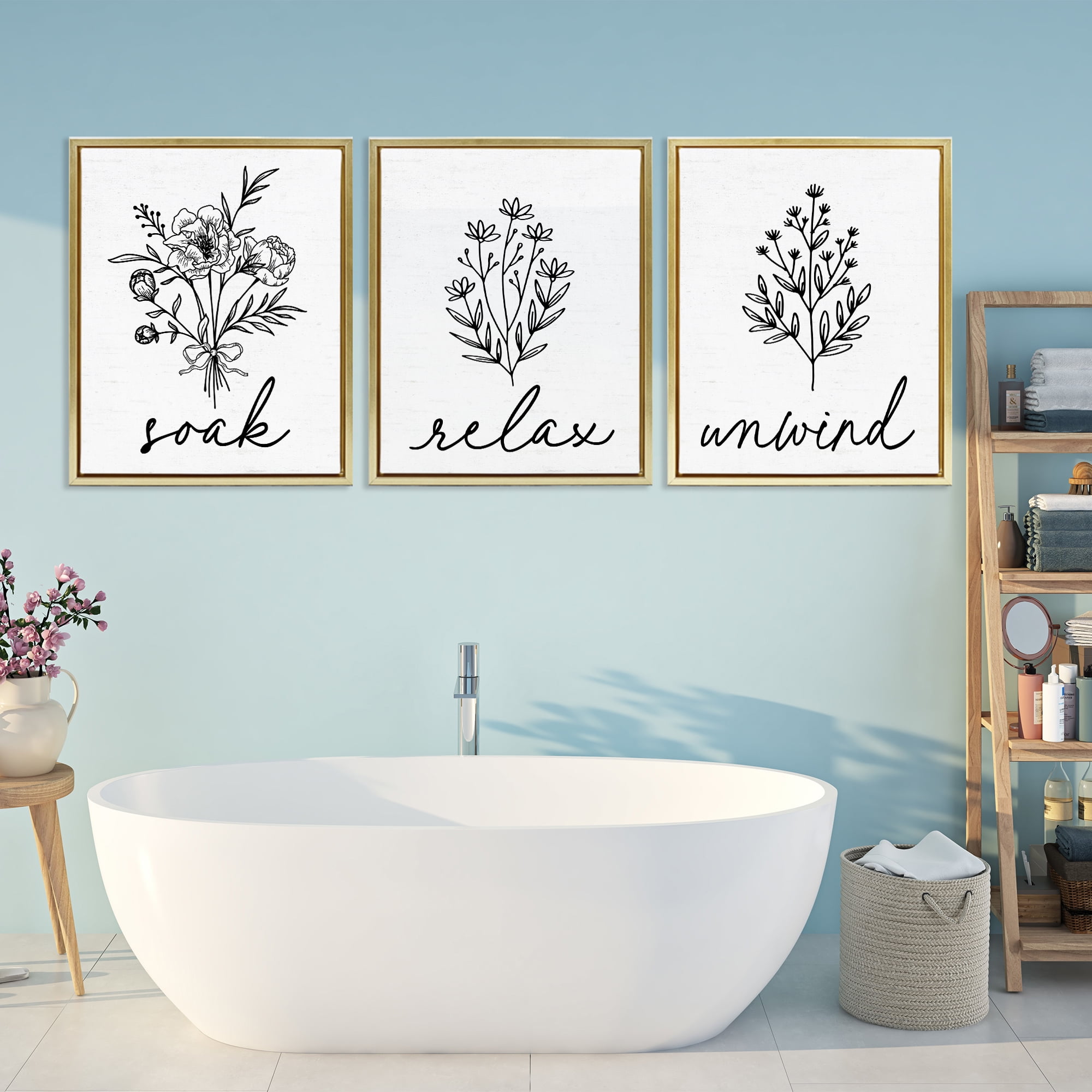 Bathroom Herbs for Relaxation 3 Piece Gold Framed Floater Canvas Set, design by Lettered and Lined