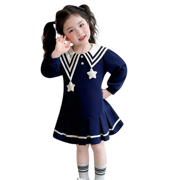 CUZIBR Toddler Kids Girls Dresses Long Sleeve Sailor Collar Color Block Button Down A-Line Pleated Dresses School Uniform Casual Stylish Loose Fit Breathable Cozy Outfits,Navy,3-4 Years