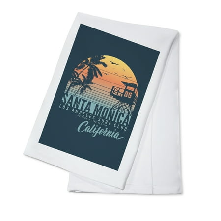 - Santa Monica, California - Sunset Stripes - Palm & Lifeguard Booth - Lantern Press Artwork (100% Cotton Kitchen Towel)
