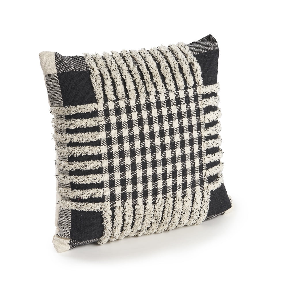 LR Home Elton Plaid Transitional Cotton Throw Pillows, Black/Ivory, 18" x 18", Set of 2