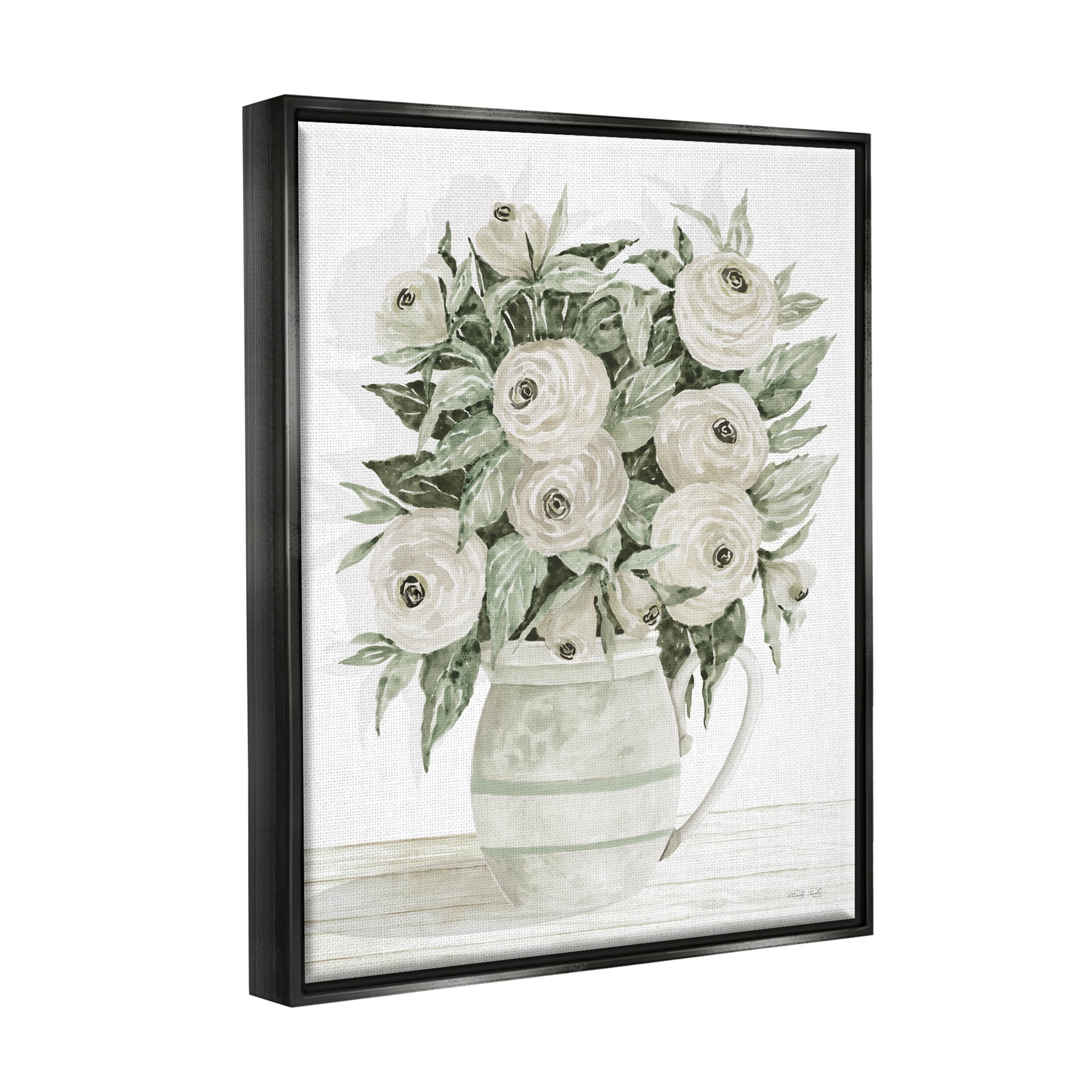 Stupell Industries White Ranunculus Blossoms Flower Vase Painting Jet Black Floating Framed Canvas Print Wall Art, Design by Cindy Jacobs