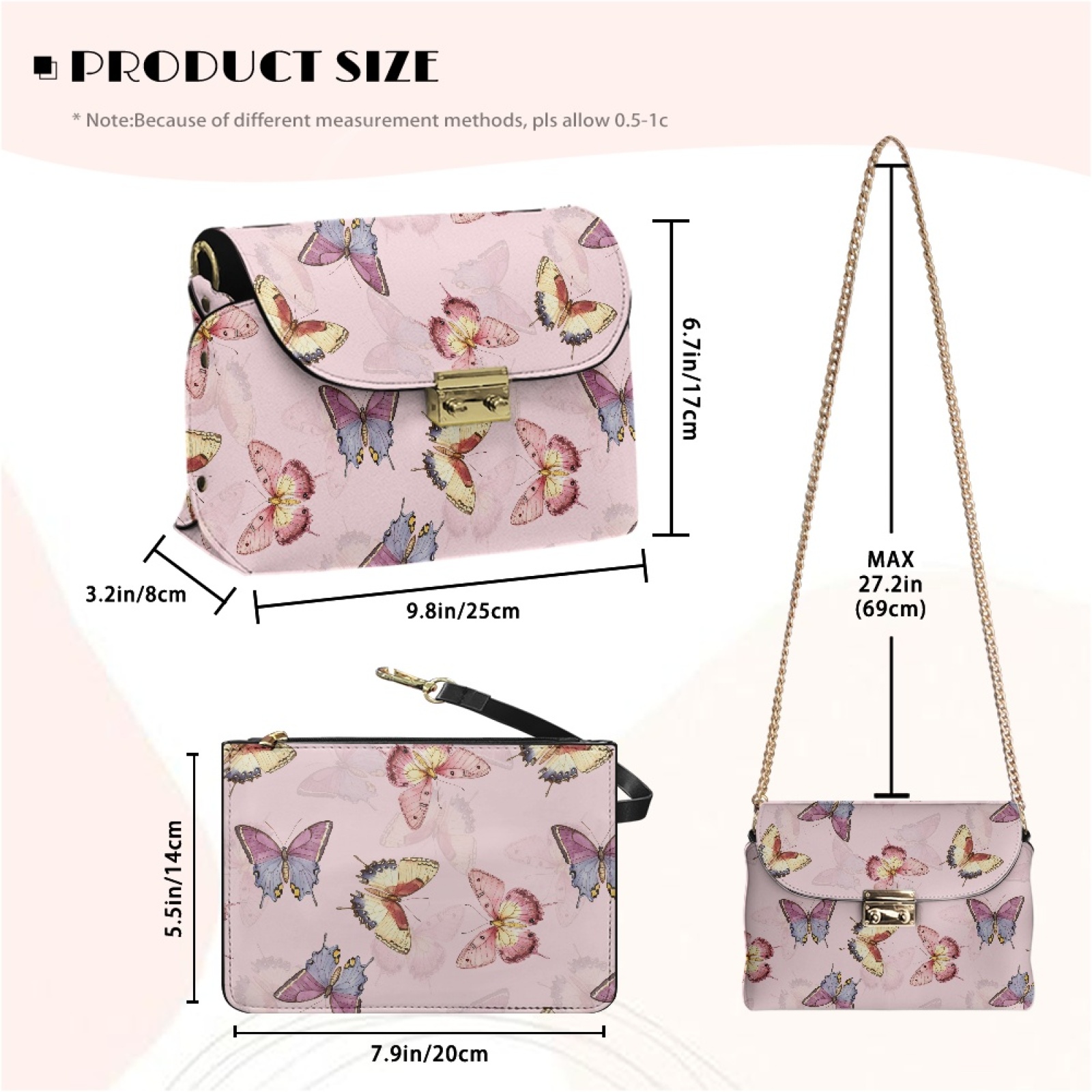 SCRAWLGOD Butterfly Print Beige Pink Crossbody Bags for Women Trendy, PU Leather Purses, Crossbody Handbag Purse with Chain Strap, Small Shoulder Handbag