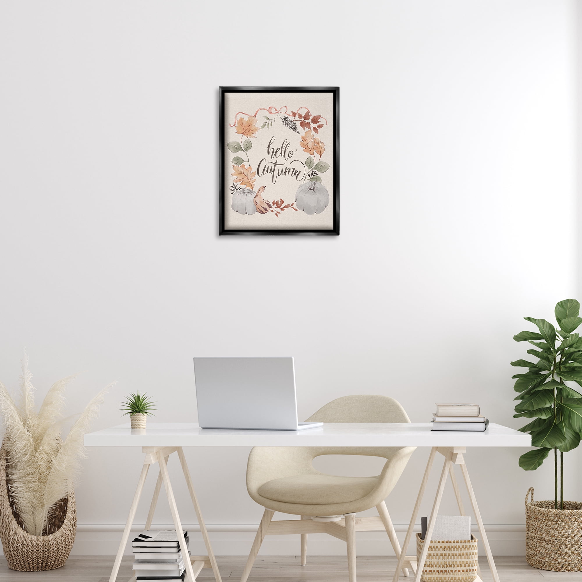 Stupell Industries Hello Autumn with Garland Animals Painting Black Floater Framed Canvas Art Print Wall Art, 17 x 21