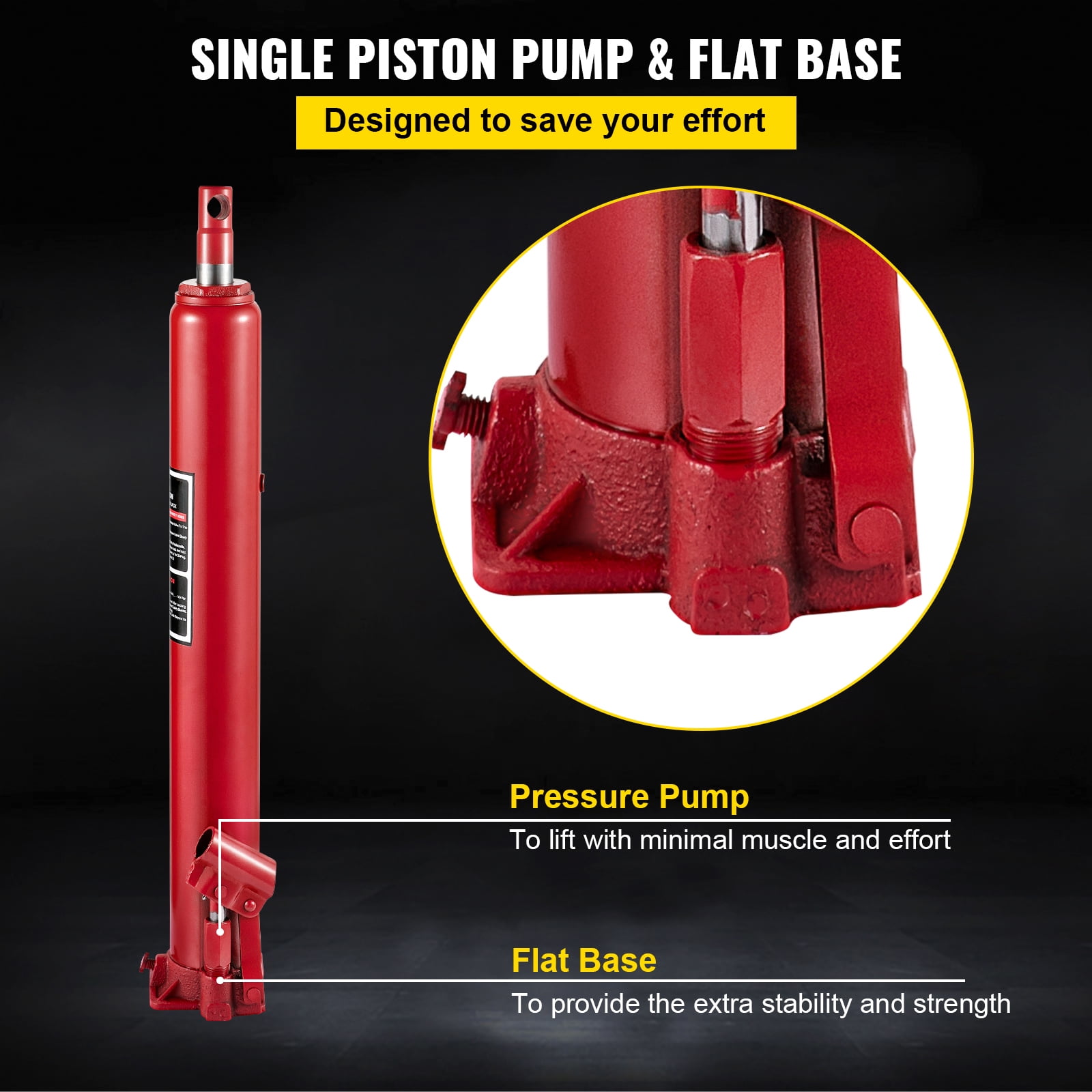 KFFKFF Hydraulic Long Ram Jack, 4 Tons Capacity, Single Piston, Flat Base, Manual Operation, Suitable for Garage Cranes, Engine Hoists, Red