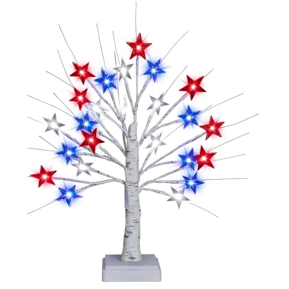 YYUZH LED Patriotic Tree Light 24 Red White Blue Stars, 45cm Height with Timer Function, USB Powered for Independence Day Decoration Home Tabletop Decor