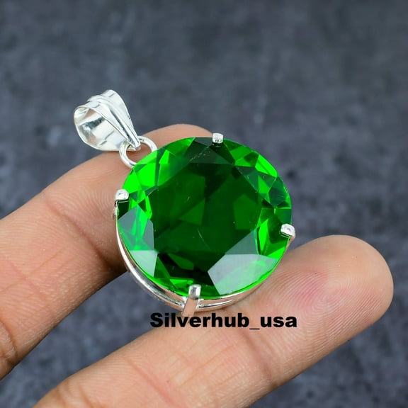 Adidev 30 Carat Peridot Gemstone Round Shape Green Color 925 Sterling Silver Pendant for Women