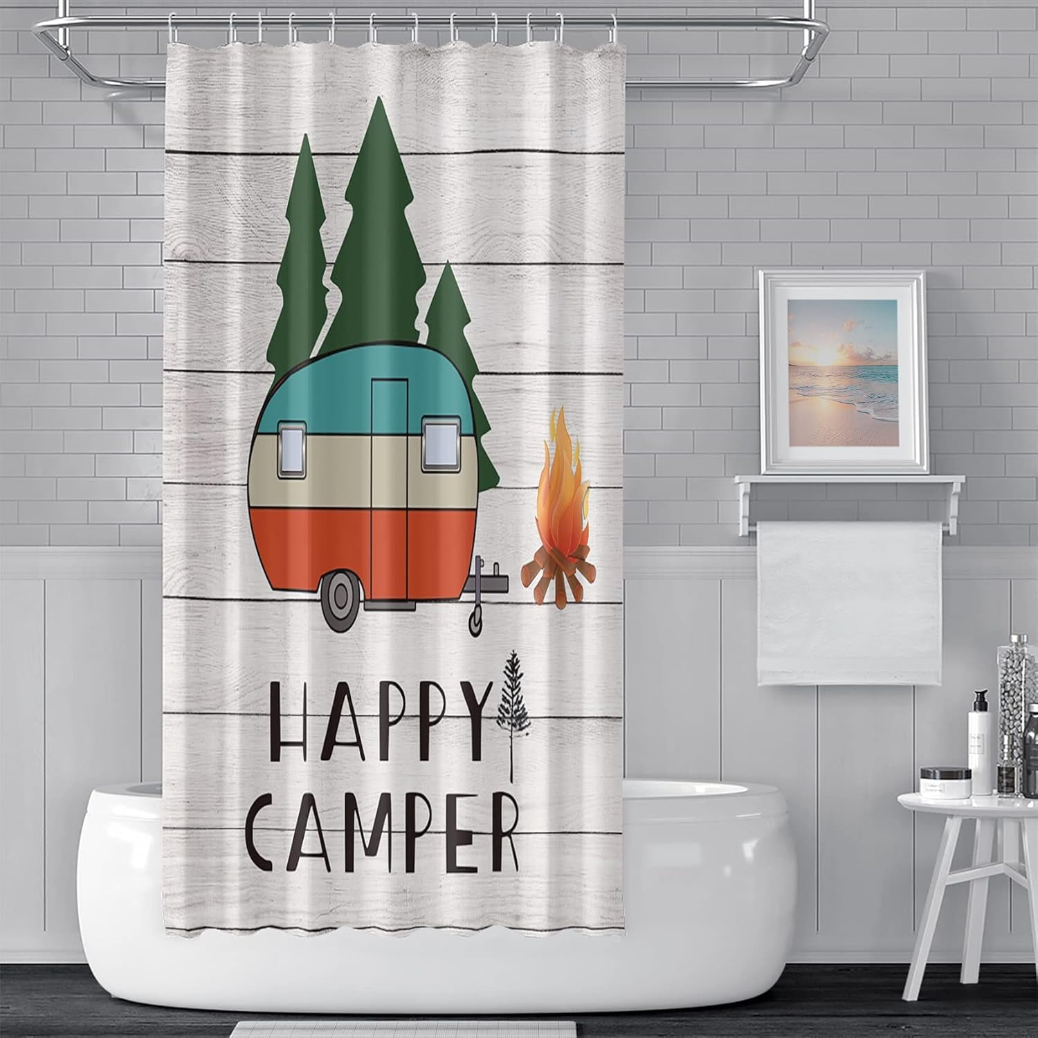 72x84inch Happy Camper Shower Curtain Cartoon Camper Trailer Bonfire Outdoor Adventure Theme Bath Curtain for Bathroom Decor Beige Wood Board Waterproof Fabric Bathroom Set Hooks Included