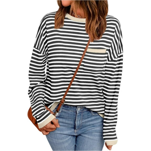 WTOBBY Women's Striped Long Sleeve Top, Casual Round Neck Sweatshirt, Lightweight Pullover for Fall with Breathable Cotton Blend Fabric for All Day Comfort,Black L