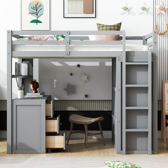 Euroco Twin Loft Bed with Wardrobe, Storage Shelf and Cabinet, Desk and Drawers, Gray