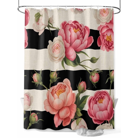 Shower Curtain Pink Peony Rose Bathroom Curtains with Hooks, Waterproof Fabric Floral Black Stripes Linen Bath Shower Curtains Set for Bathroom Bathtubs Decor 36x72 Inch