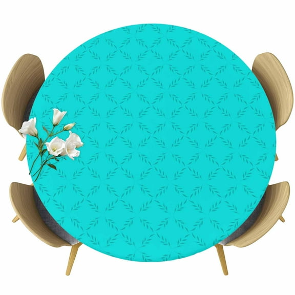 Turquoise Plaid Fitted Tablecloth with Elastic Edged, Round Table Cloth for Dining Table, Geometric Leaf Diamond Morocco Abstract Waterproof Oil Proof Table Cover for Indoor Outdoor 45"-54"