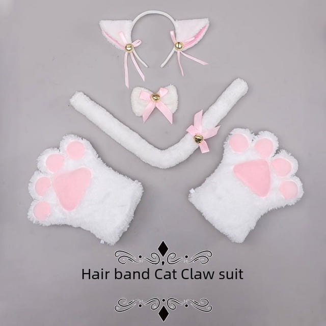 Lindo tocado de peluche hecho a mano con garra de gato, pajarita, orejas de bestia, cola de bestia, accesorios para cosplay, juego de diadema con orejas de gato