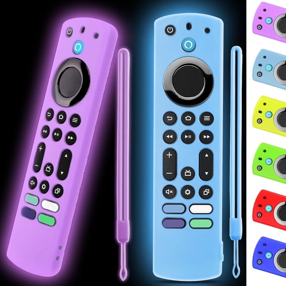 XIBUFE 2 Pack Silicone Tv Remote Cover,(6.2 Inch1.5 Inch)Anti Slip Silicone Protective Case with Same Color Lanyard(Glow Blue&Glow Purple)Safe Grip Fire Tv Remote Cover