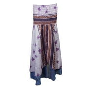 Mogul Womens Purple Strapless Sexy Dress Printed Silk Sari Vintage Maxi Skirts