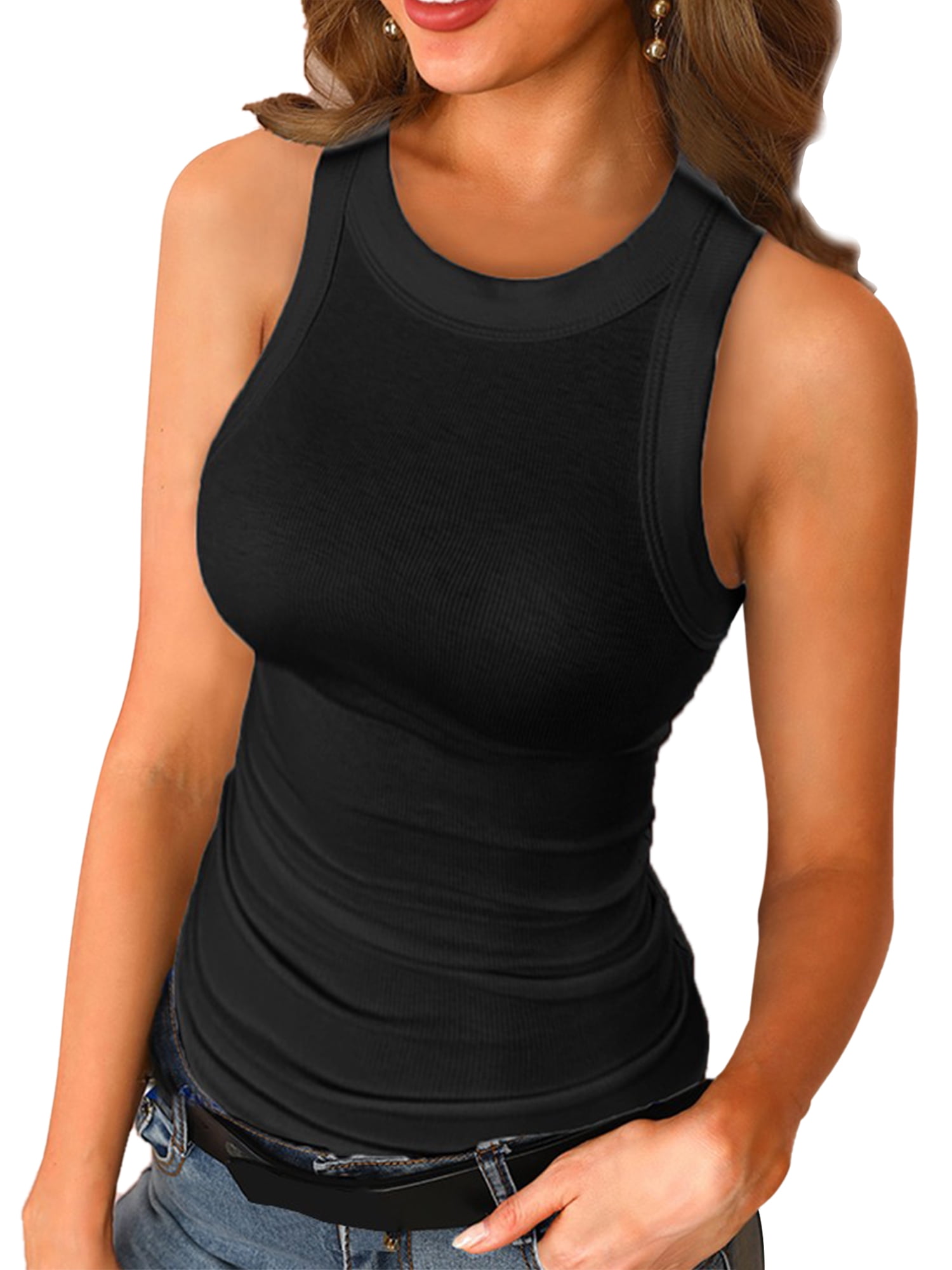 Workout Tank Top Sleevelss Ribbed Stretch Yoga Top Tthletic Compression Active Wear Seamless Tight Sports Running T Shirt Vest Black M=US 6-8 - Walmart.com
