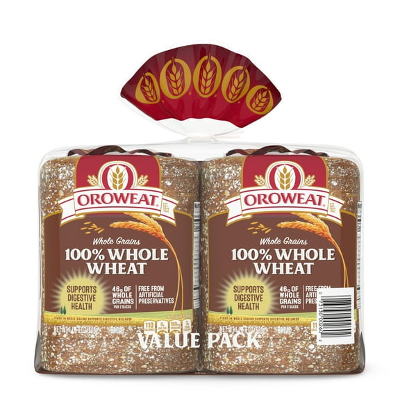 Oroweat Whole Grains 100% Whole Wheat Bread, Twin Pack, 48 oz