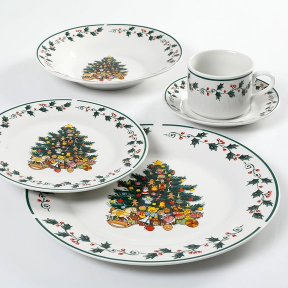 Gibson Home 20-Piece Ceramic Christmas Tree Trimming Dinnerware Set – Holiday Dinnerware with Christmas Tree & Holly Design