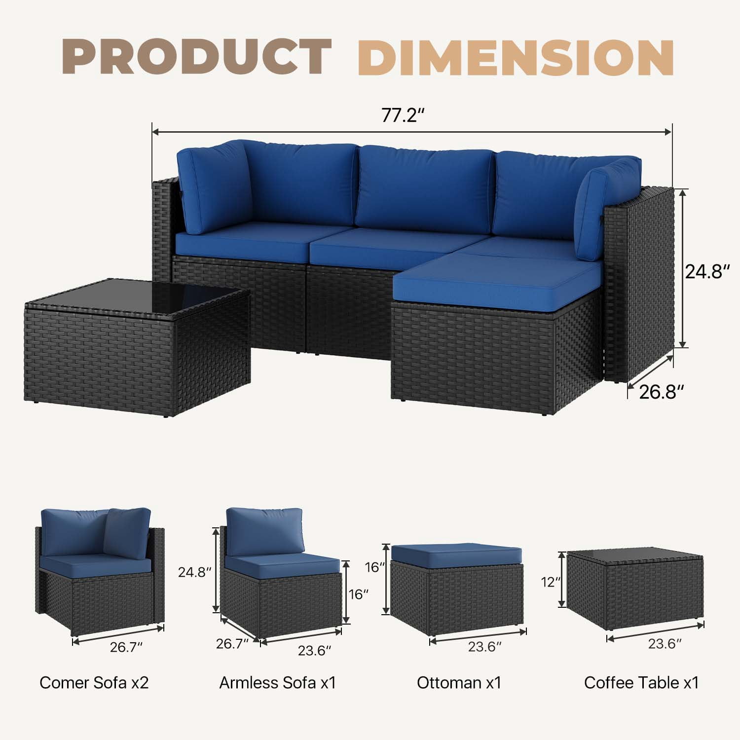 BaPiPro 5 Piece All-Weather PE Rattan Modular Patio Furniture Set, Sectional Conversation Sofa with Thick Removable Cushions & Tempered Glass Coffee Table for Backyard Poolside Garden, Navy Blue
