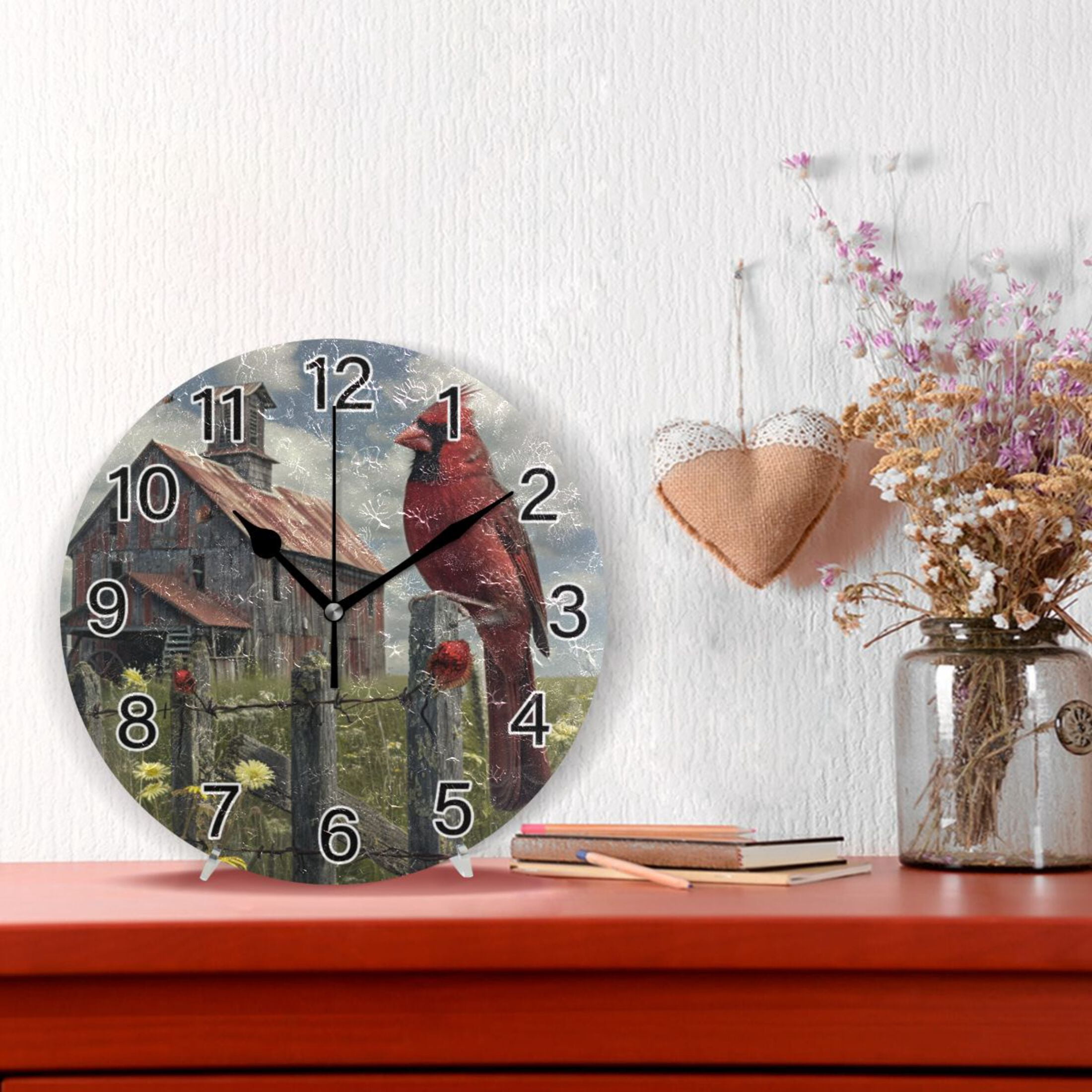 Ryvnso Red Bird Farm House Wall Clock Non Ticking Silent Kitchen Clock Battery Operated Clocks 10 inch