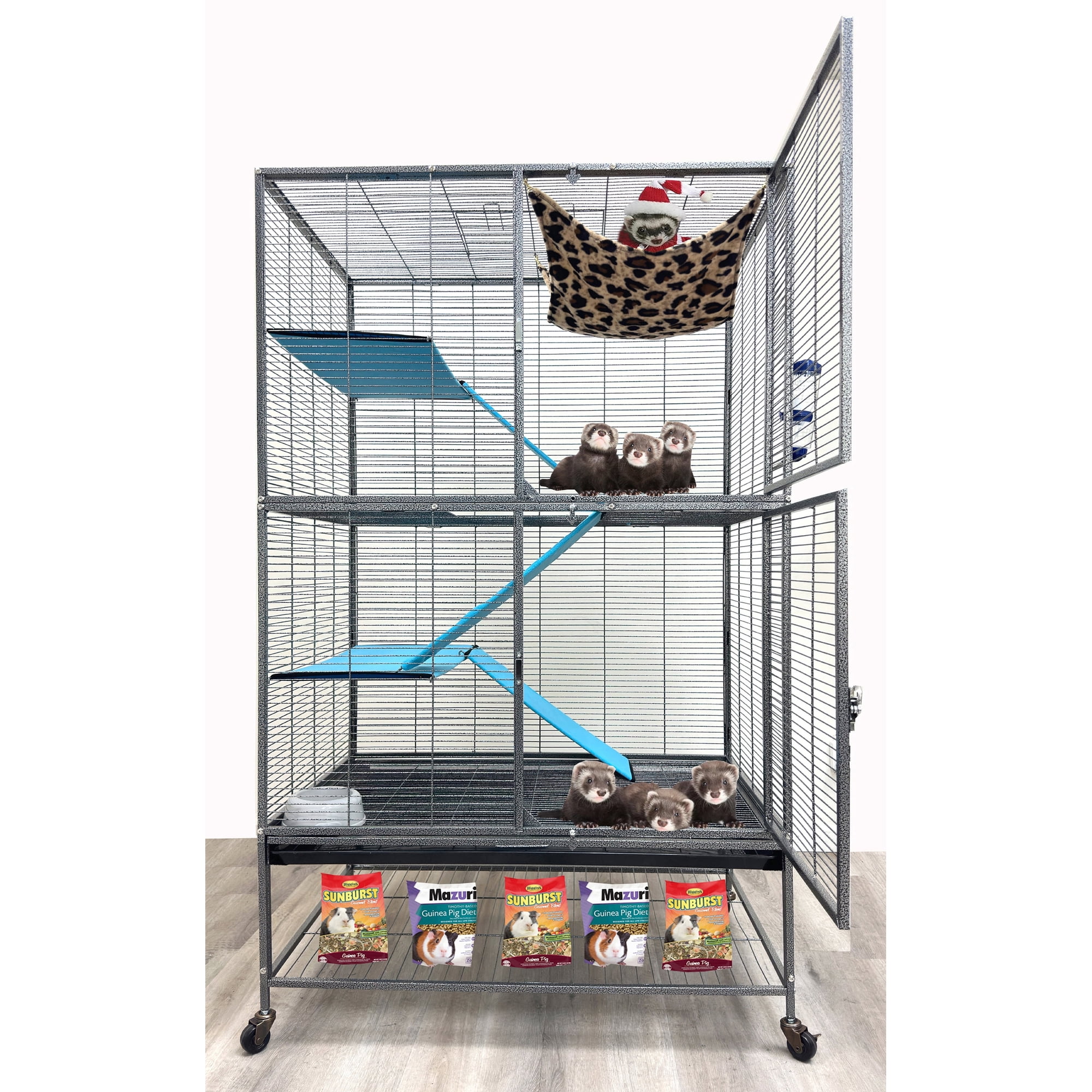 Huge 37"L x 24"W x 63"H Two Full Story Double Unit Tight 1/2-Inch Bar Spacing X-Large Double Front Doors for Feisty Ferret Hammock Chinchilla Rat Mouse Gerbil Small Animals Critters Rolling Cage