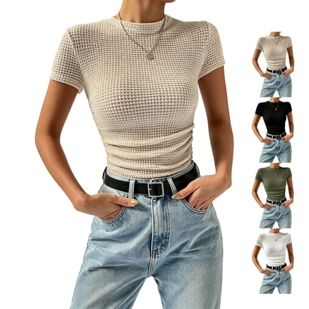 TGSLY Short Sleeve Waffle T-Shirts for Women Lightweight Soft Crew Neck Ruched Crop Tops Slim Fit Dressy Casual Solid Color Basic Blouses L