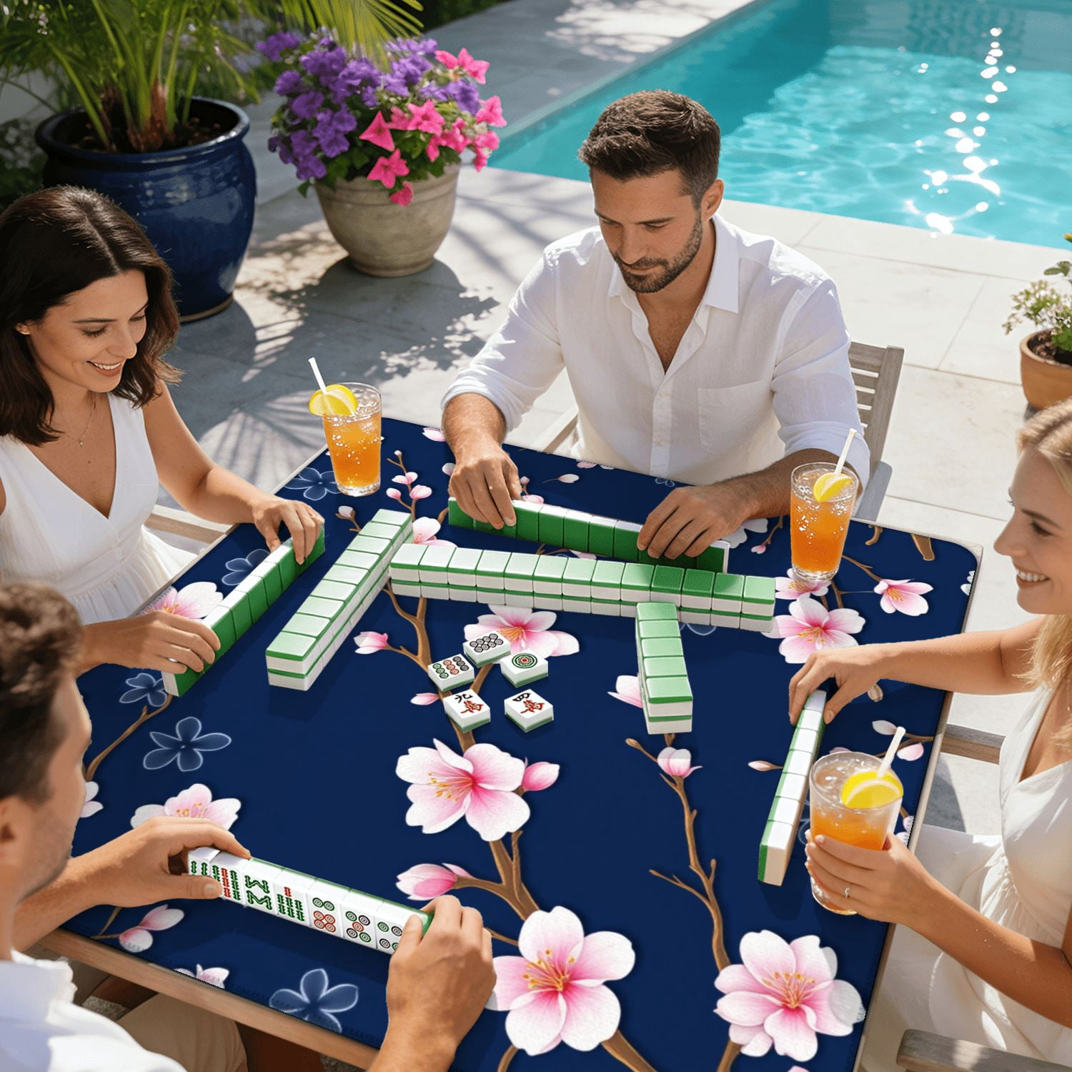 Mahjong Mat 31.5" x 31.5" Seamless Pink Cherry Blossom Branches Dark Blue Non-Slip Noise Reduction American Mahjong Tiles Table Cover for Dominoes Poker Card Board Games Gift