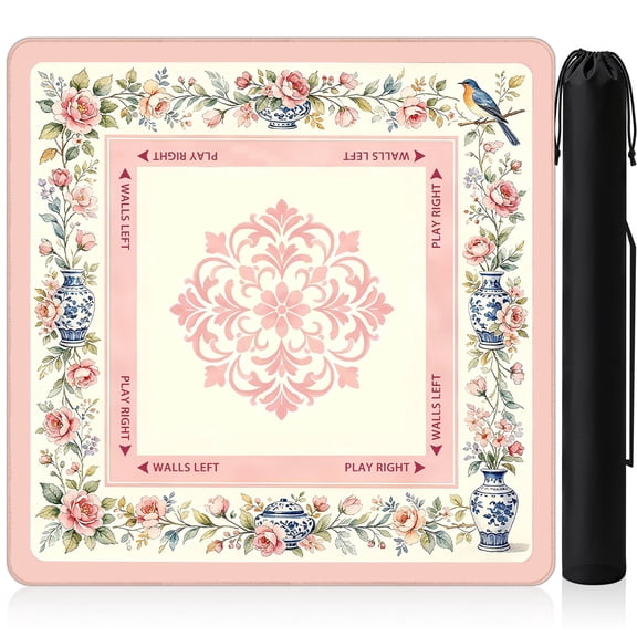 Mocsicka Mahjong Mat 31.5''x31.5'' Vintage Chinoiserie Pink Botanical Floral Bird Anti Slip Noise Reduction Game Mat for Mahjong/Poker/Card Games/Dominoes