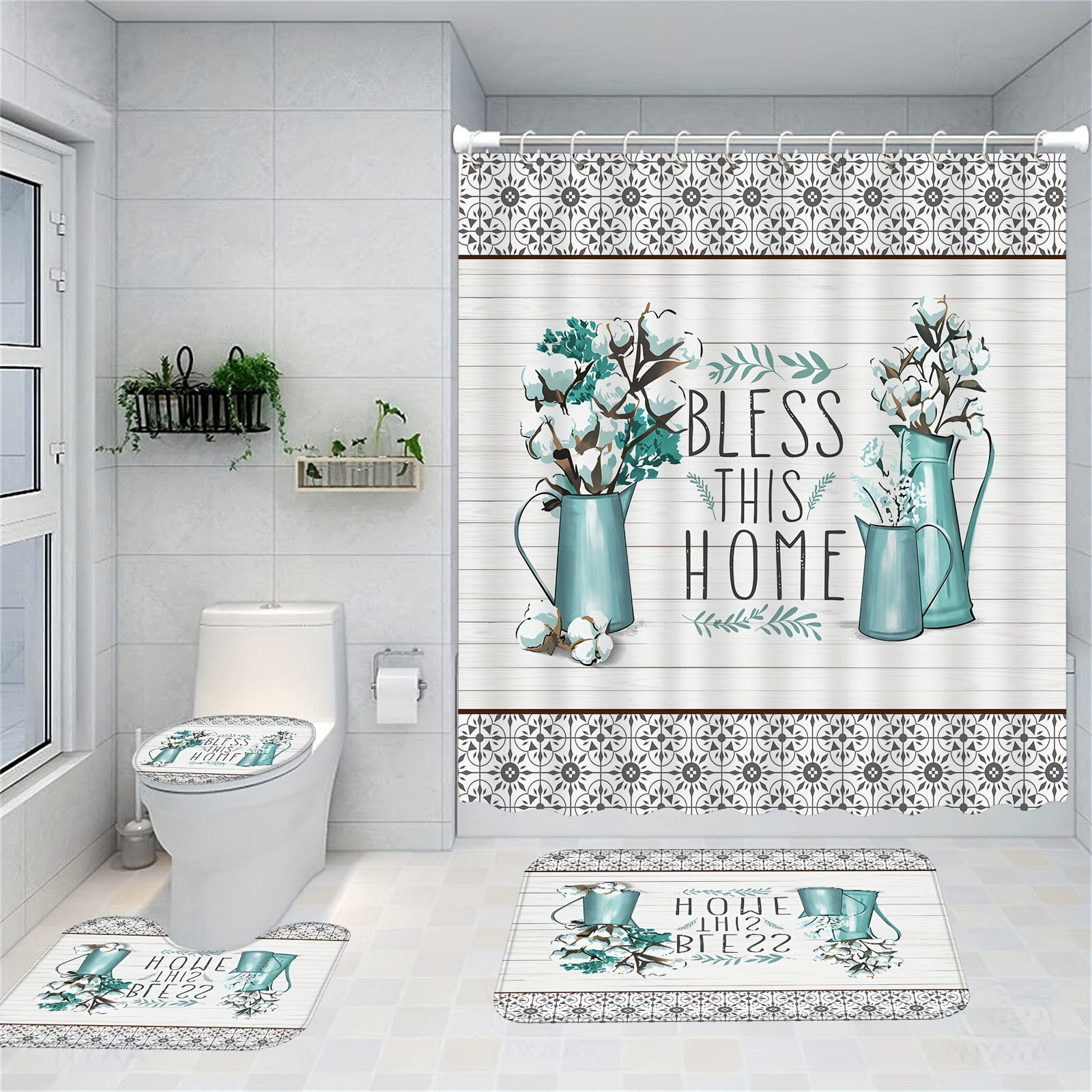 4pcs Pattern Shower Curtain Set, Waterproof Shower Curtain with 12 Hooks, Non-Slip Bathroom Rug, Toilet U-Shape Mat, Toilet Lid Cover Pad, Bathroom Decor, Shower Curtain Sets For Bathrooms