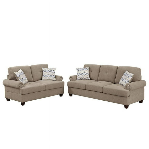 Poundex 2 Piece Chenille Sofa and Loveseat Set with Nailhead Trim in Camel Tan