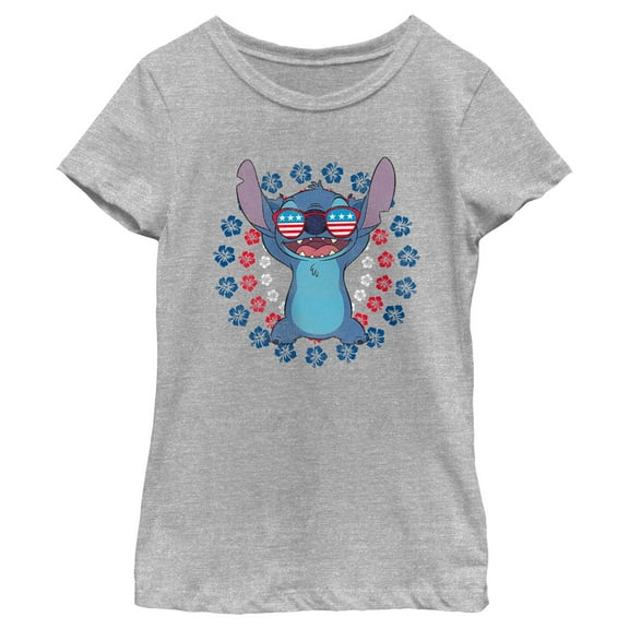 Girl's Lilo & Stitch Patriotic Hibiscus Circles Graphic Tee Athletic Heather Large